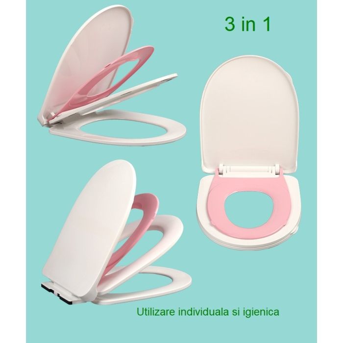 Capac de Toaleta cu Reductie 3 in 1 , pentru Copii +3 Ani si Adulti, Coborare Lenta si Silentioasa, Instalare Usoara, din PP5 , in Forma de U, Alb/Roz [3]