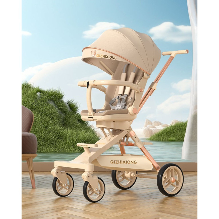 Carucior Sport Flippy 3in1, 6-36 Luni, Pliabil, Tavita pentru Masa, Pat de Dormit, Centura de Siguranta, Roti 360 Grade, Reversibil, Parasolar, Maner Reglabil, 64 x 35 x 100 cm, Bej [6]