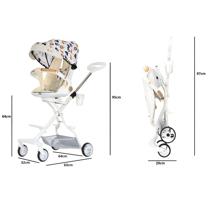 Carucior Sport Flippy 3in1, 6-36 Luni, Reversibil, Pliabil, Tavita pentru Masa, Pozitie de Somn, Centura de Siguranta, Roti 360, Suport Pahar, Copertina pentru Soare, 32x63x95cm, Crem Model Jungla [9]