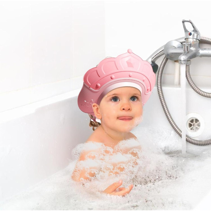 Casca de Dus , Previne Scurgerea Apei si Samponului pe Fata, 0-12 Ani, Ajustabila, din TPE+PP, 20 x 23 cm, Model Coroana, Roz [2]