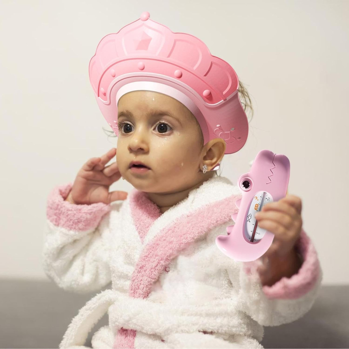 Casca de Dus , Previne Scurgerea Apei si Samponului pe Fata, 0-12 Ani, Ajustabila, din TPE+PP, 20 x 23 cm, Model Coroana, Roz [3]