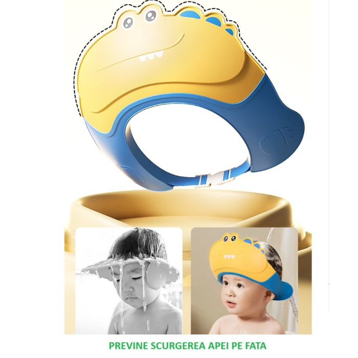 Casca de Dus , Previne Scurgerea Apei si Samponului pe Fata, 0-12 Ani, Ajustabila, din TPE+PP, 20 x 23 cm, Model Crocodil, Galben/Albastru [6]