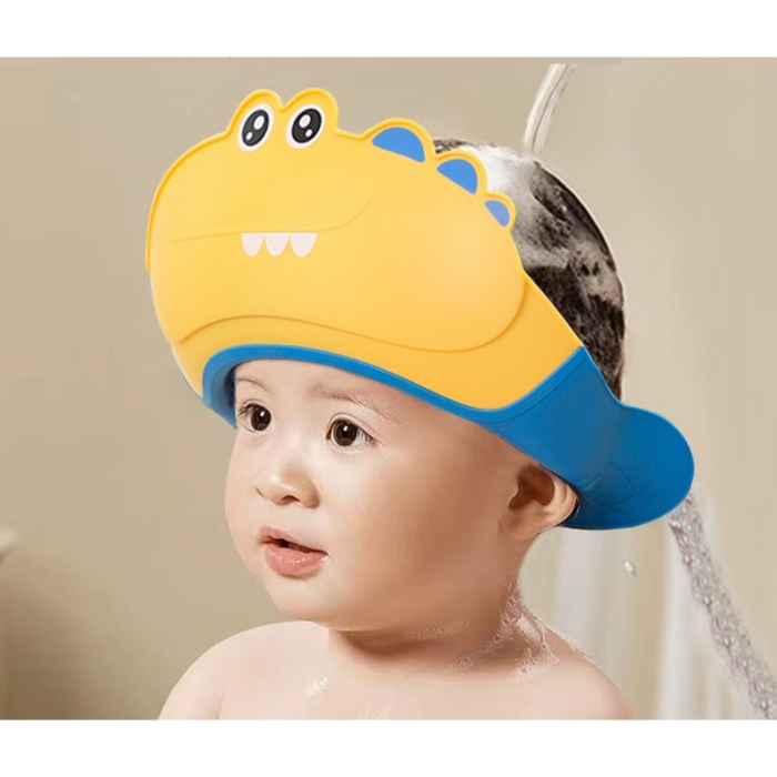 Casca de Dus , Previne Scurgerea Apei si Samponului pe Fata, 0-12 Ani, Ajustabila, din TPE+PP, 20 x 23 cm, Model Crocodil, Galben/Albastru [4]