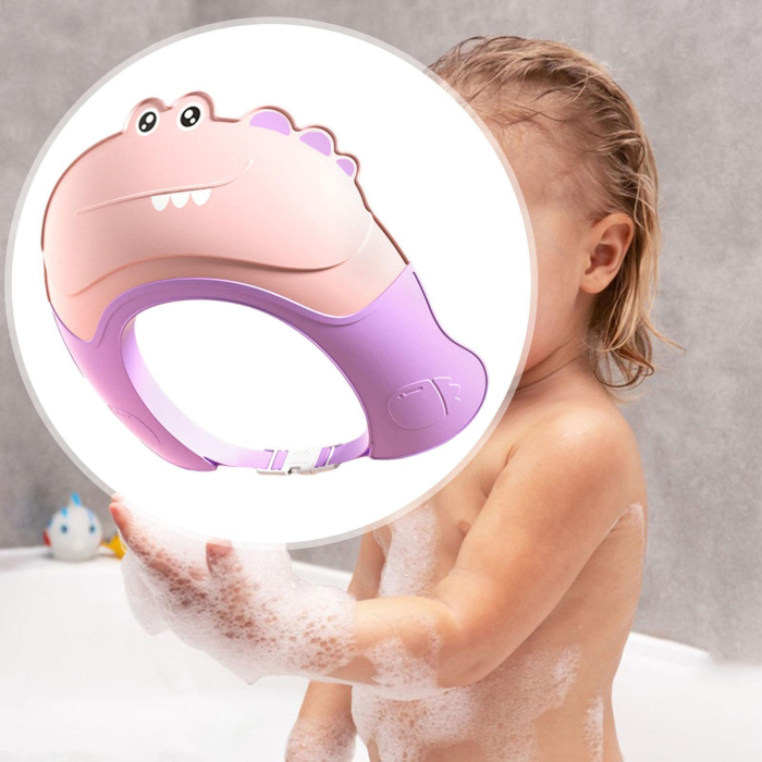 Casca de Dus , Previne Scurgerea Apei si Samponului pe Fata, 0-12 Ani, Ajustabila, din TPE+PP, 20 x 23 cm, Model Crocodil, Roz/Mov [2]