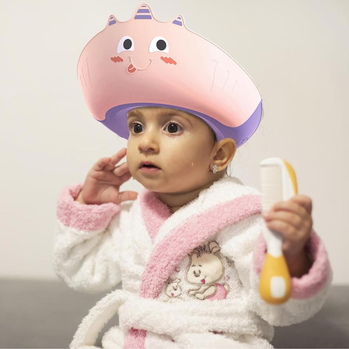 Casca de Dus , Previne Scurgerea Apei si Samponului pe Fata, 0-12 Ani, Ajustabila, din TPE+PP, 20 x 23 cm, Model Unicorn, Roz/Mov [3]