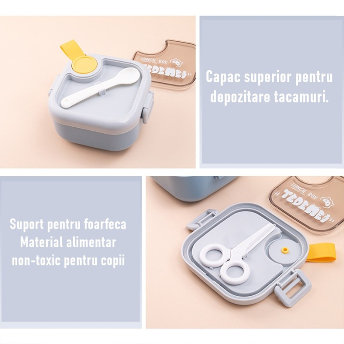 Caserola pentru copii Flippy, lunch box, 750 ml, doua boluri, lingura, foarfeca din plastic, rezistenta la scurgeri, Albastra [7]