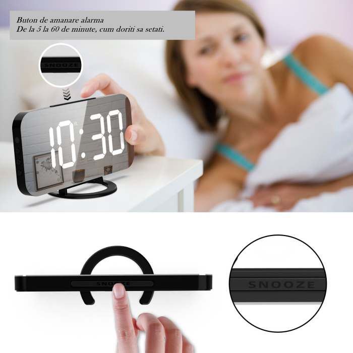 Ceas digital cu LED, Flippy, multifunctional, afisaj digital, alarma, 2 porturi USB de iesire, ecran tip oglinda, modern, 15.8 cm, alb [12]