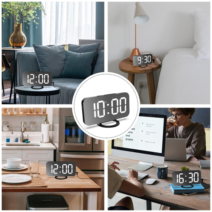 Ceas digital cu LED, Flippy, multifunctional, afisaj digital, alarma, 2 porturi USB de iesire, ecran tip oglinda, modern, 15.8 cm, alb [10]