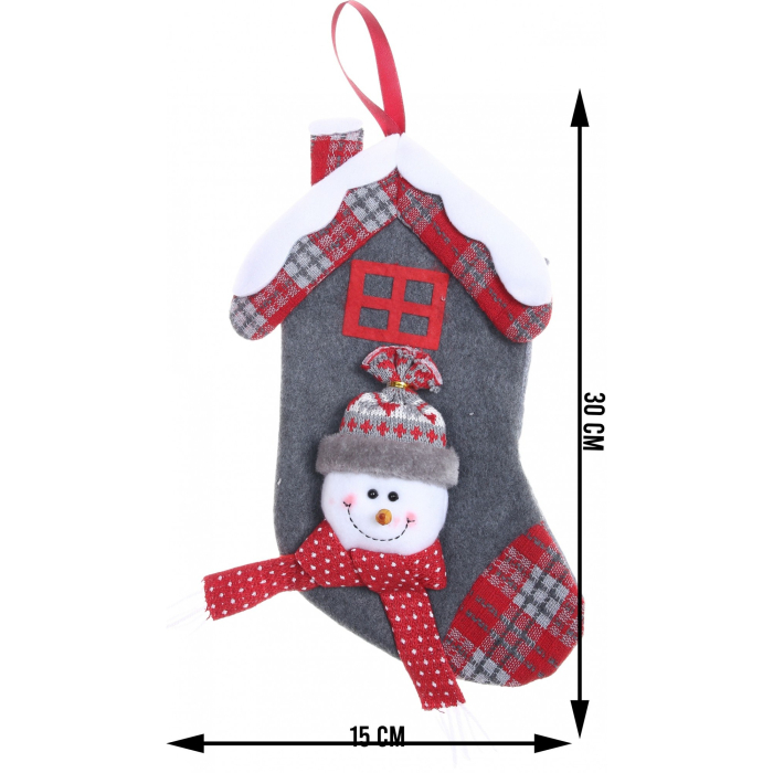 Ciorap Cadouri, model casa, culoare gri, imprimeu om de zapada, marimea 15x30 cm, Flippy [5]