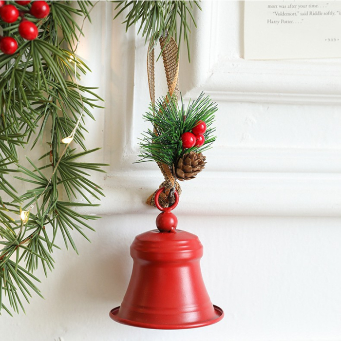 Clopot decorativ pentru Brad Craciun, Flippy, Clopot din Metal cu Funda si Crenguta de Brad pentru Decoratiune de Craciun, 10 x 8 x 8 cm, Rosu [3]