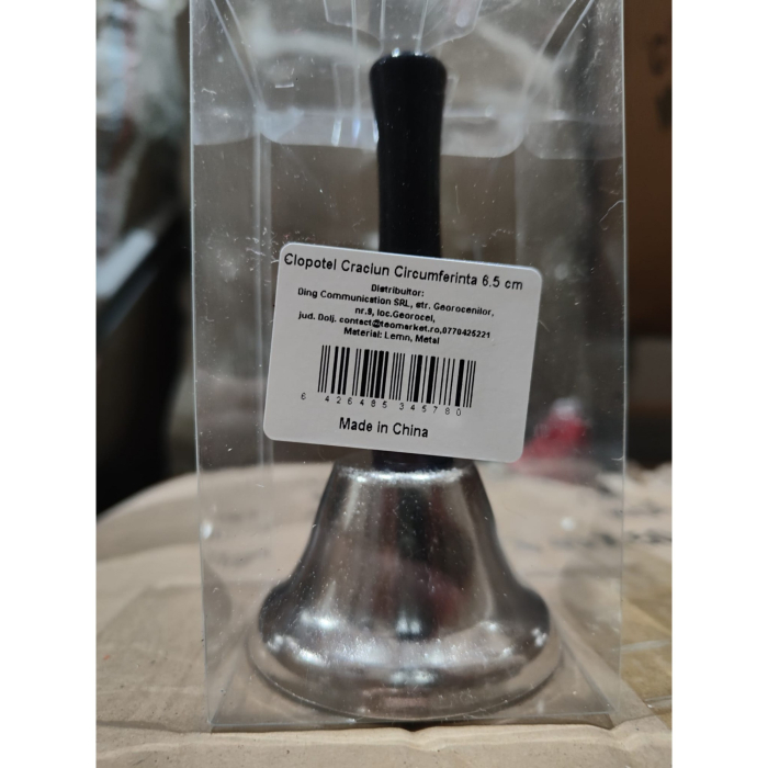 Clopotel de Craciun Metalic, Flippy, Maner din Lemn, Circumferinta 6.5 cm, Lungime 12 cm, Argintiu [2]