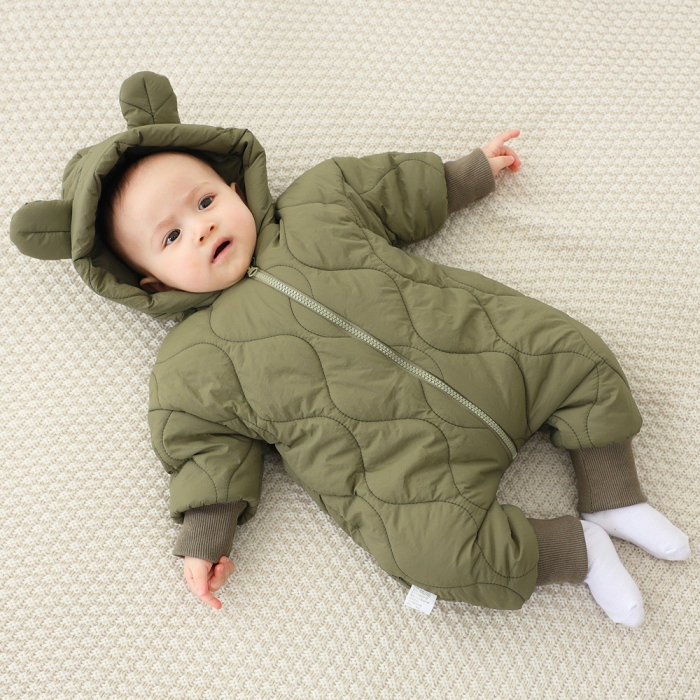 Combinezon de Iarna, Flippy, pentru Bebelusi, din Bumbac, cu Urechi, Mansete Elastice, Unisex, 73 cm, Verde [4]