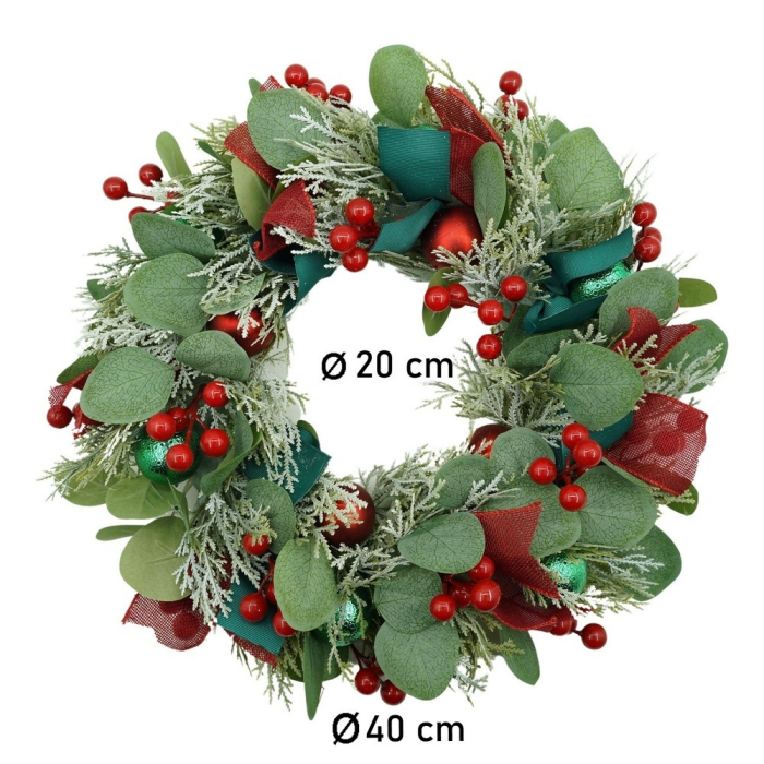 Coronita de Craciun pentru usa, Verde/Rosu, 40 cm, PVC, Artificiala, Decorata, Interior/Exterior, Flippy [10]