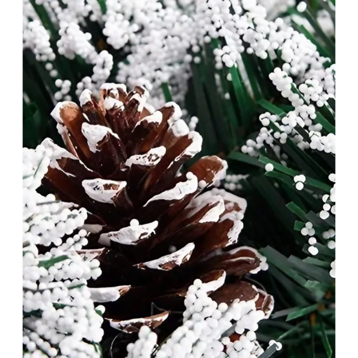 Coronita pentru Craciun Flippy, diametru 40 cm, din brad artificial, decorata cu conuri si merisoare, inzapezit, Verde/Alb [2]