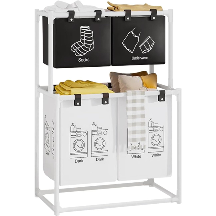 Cos de Rufe , cu 2 Etaje, 4 Cosuri, Cadru de Otel Inoxidabil, 97x44x57 cm, Alb [5]