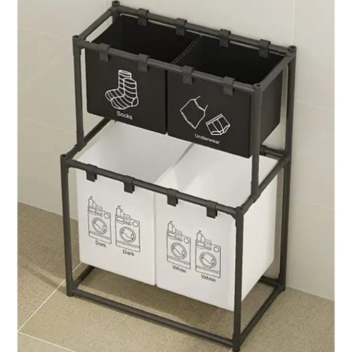 Cos de Rufe , cu 2 Etaje, 4 Cosuri, Cadru de Otel Inoxidabil, 97x44x57 cm, Negru [4]