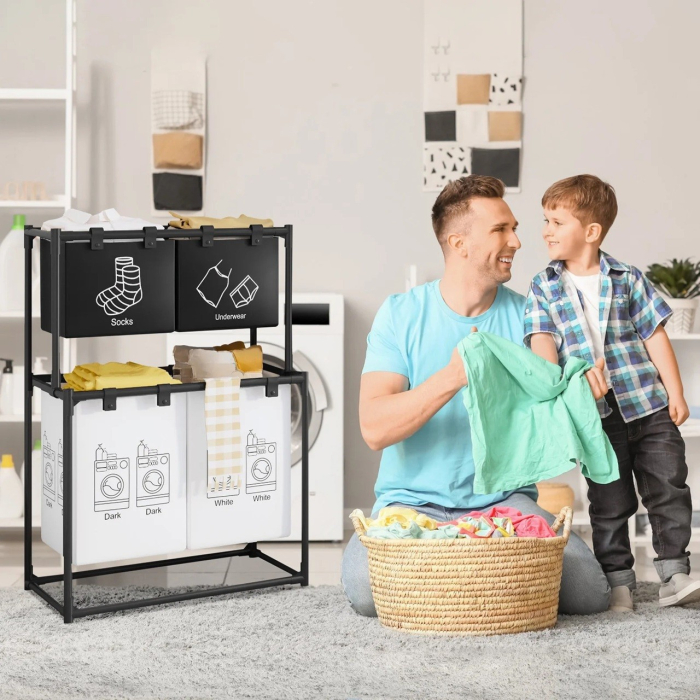 Cos de Rufe , cu 2 Etaje, 4 Cosuri, Cadru de Otel Inoxidabil, 97x44x57 cm, Negru [2]