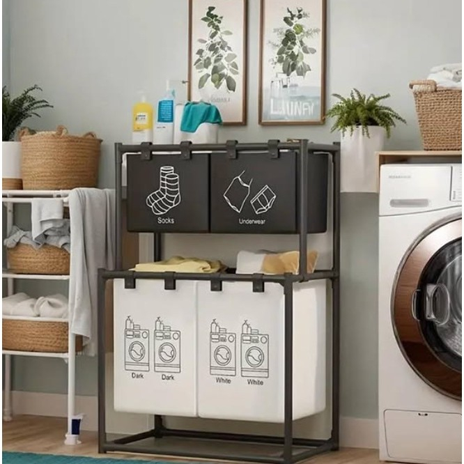 Cos de Rufe , cu 2 Etaje, 4 Cosuri, Cadru de Otel Inoxidabil, 97x44x57 cm, Negru [3]