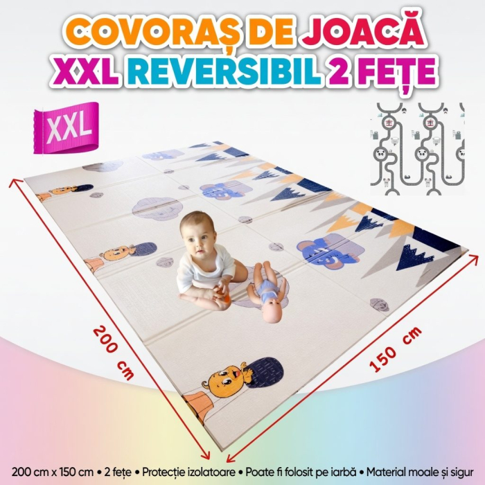 Covoras De Joaca Pentru Bebelusi 200x150 cm, Covor Educativ, Covoras Pliabil Impermeabil Si Antiderapant, Jucarie Dezvoltare Motrica Si Senzoriala, Pentru Copii 0+ Luni, Model 2, Multicolor [2]