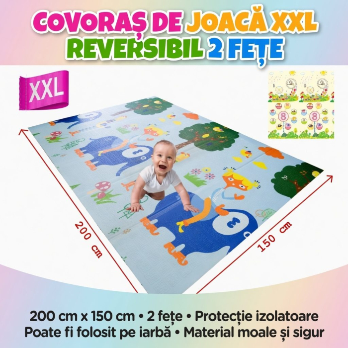 Covoras De Joaca Pentru Bebelusi 200x150 cm, Covor Educativ, Covoras Pliabil Impermeabil Si Antiderapant, Jucarie Dezvoltare Motrica Si Senzoriala, Pentru Copii 0+ Luni, Model 4, Multicolor [2]