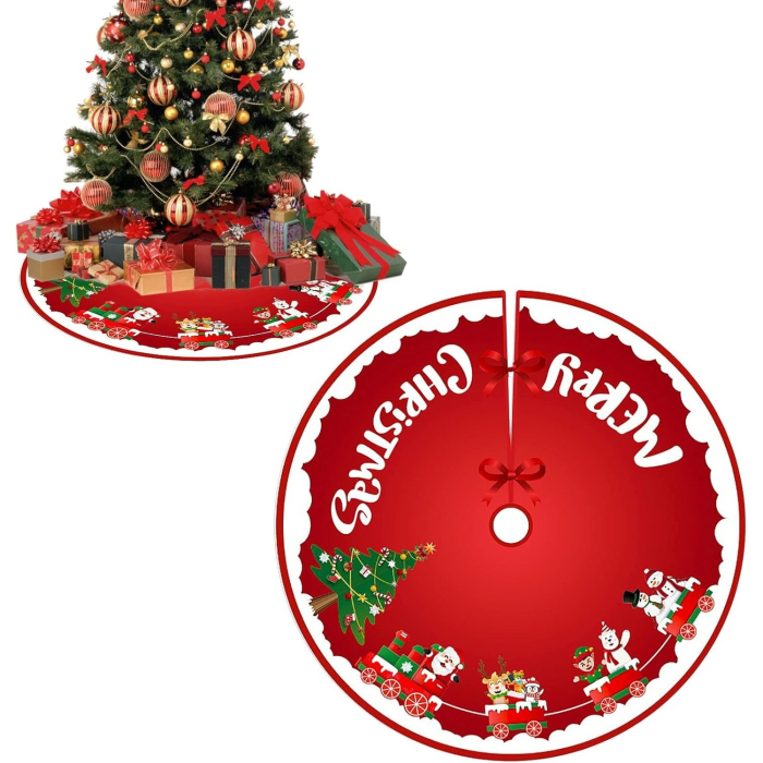 Covoras pentru Bradul de Craciun, Flippy, din Tesatura Pufoasa, cu Fundite de Prindere, Model Sania lui Mos Craciun, Rosu, Diametru 90 cm [6]