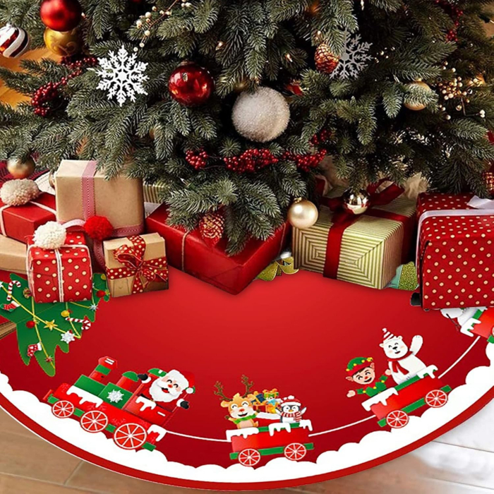Covoras pentru Bradul de Craciun, Flippy, din Tesatura Pufoasa, cu Fundite de Prindere, Model Sania lui Mos Craciun, Rosu, Diametru 90 cm [5]