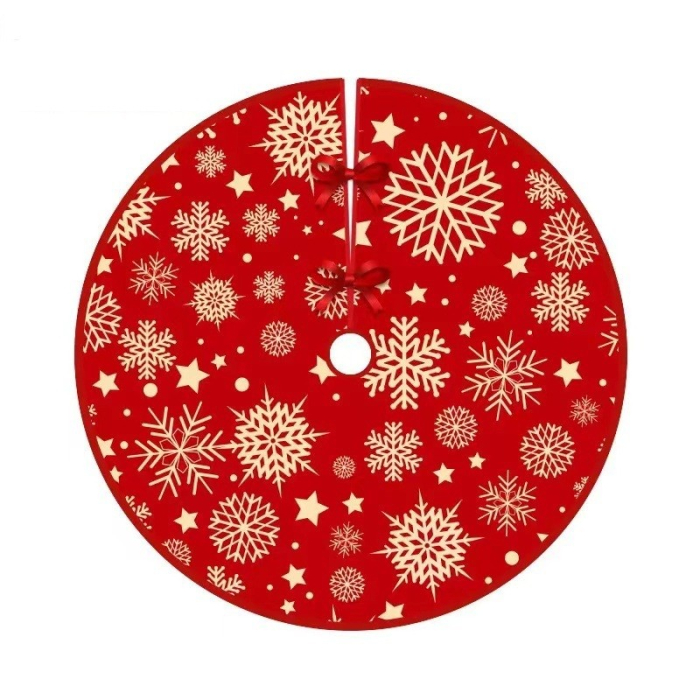 Covoras pentru Bradul de Craciun, Flippy, din Tesatura Pufoasa, cu Fundite de Prindere, Model Stelute, Rosu, Diametru 90 cm [6]