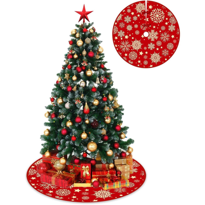 Covoras pentru Bradul de Craciun, Flippy, din Tesatura Pufoasa, cu Fundite de Prindere, Model Stelute, Rosu, Diametru 90 cm [5]