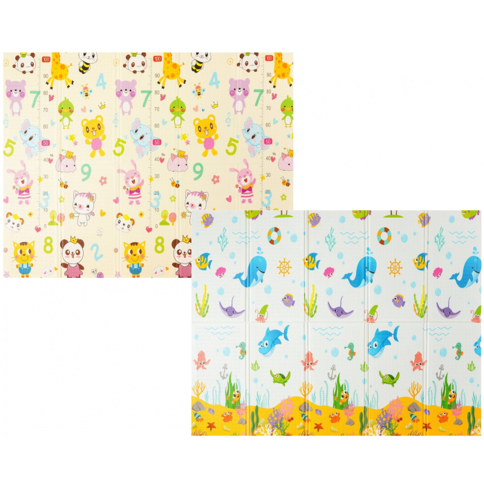 Covoras pentru Copii, Flippy, cu 2 Fete, Model Animale Marine/Exotice, din XPE+PE, Impermeabil, Antiderapant, Protectie Termica, +3 Luni, Pliabil, 150 x 200 x 1.5 cm, Multicolor [1]