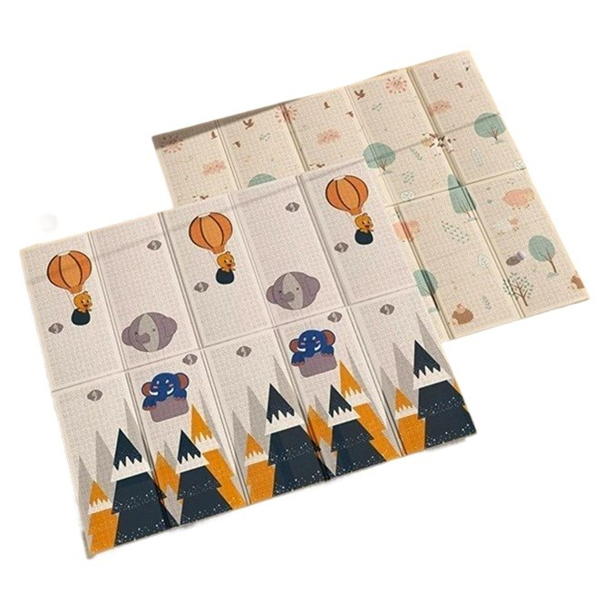 Covoras pentru Copii, Flippy, cu 2 Fete, Model Padure/Elefanti, din XPE+PE, Impermeabil, Antiderapant, Protectie Termica, +3 Luni, Pliabil, 150 x 200 x 1.5 cm, Multicolor [1]