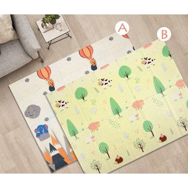 Covoras pentru Copii, Flippy, cu 2 Fete, Model Padure/Elefanti, din XPE+PE, Impermeabil, Antiderapant, Protectie Termica, +3 Luni, Pliabil, 150 x 200 x 1.5 cm, Multicolor [3]