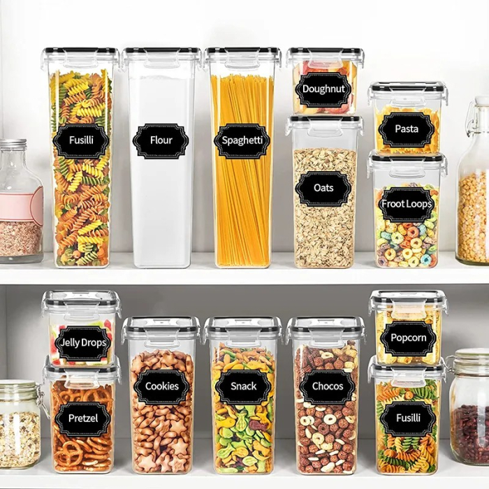 Cutii de depozitare alimente, Flippy, Set din 16 Cutii pentru Condimente, Cereale, Cutii pentru Bucatarie, din Plastic PP, Cutii Alimentare, Diferite Dimensiuni, Transparente [2]