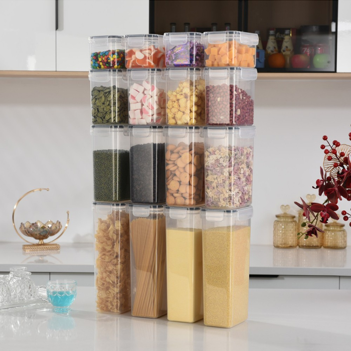 Cutii de depozitare alimente, Flippy, Set din 16 Cutii pentru Condimente, Cereale, Cutii pentru Bucatarie, din Plastic PP, Cutii Alimentare, Diferite Dimensiuni, Transparente [3]