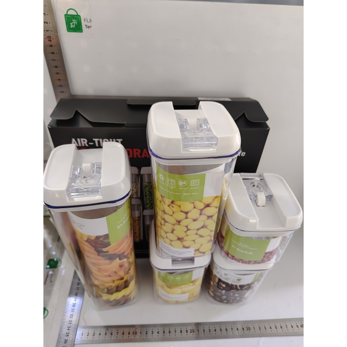 Cutii de Depozitare Alimente, Flippy, set din 5 Cutii pentru Condimente, Volumetrie 0.5l, 0.8l, 1.2l, 1.9l, Transparente cu Capac Alb [5]