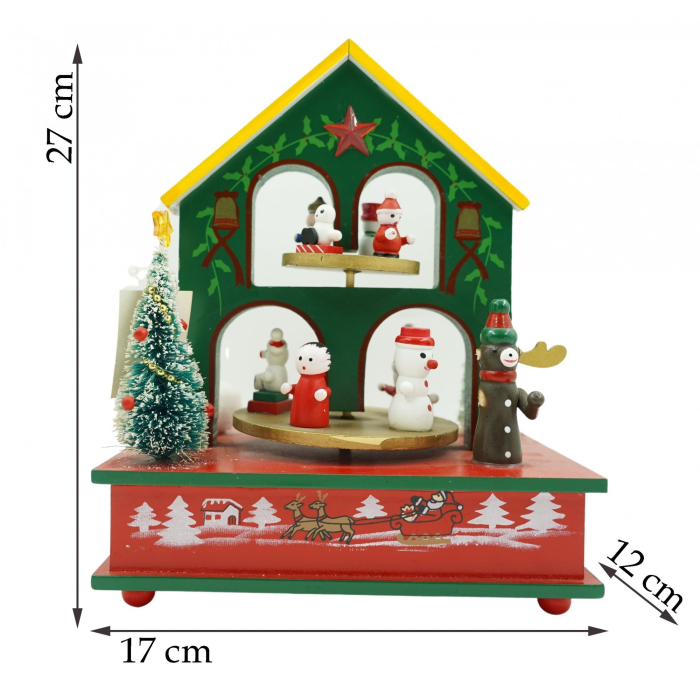 Cutiuta muzicala decorata, Casuta de Craciun, Multicolor, din Lemn, 17 cm x 20 cm, Interior, Flippy [5]