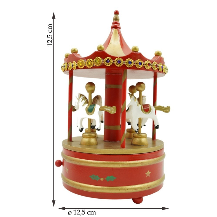 Cutiuta muzicala decorata de Craciun, Carusel rotativ, Rosu, din Lemn, Interior, Flippy [10]