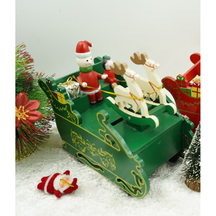 Cutiuta muzicala decorata, Sania lui Mos Craciun, Verde, din Lemn, 16 cm x 18.5 cm, Interior, Flippy [9]