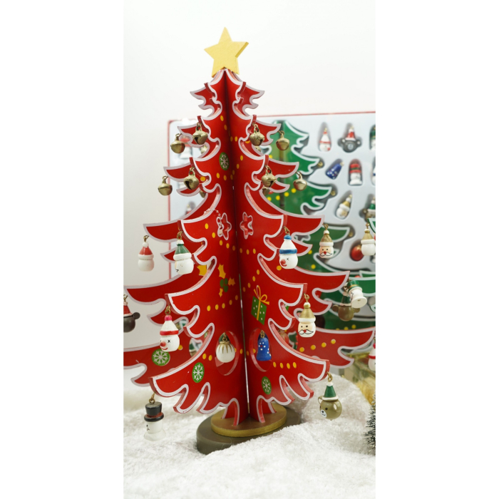 Decoratiune Craciun, Brad, Rosu/Alb, 15 cavitati cu ornamente, 25.5 cm x 33 cm, Lemn, Flippy [1]