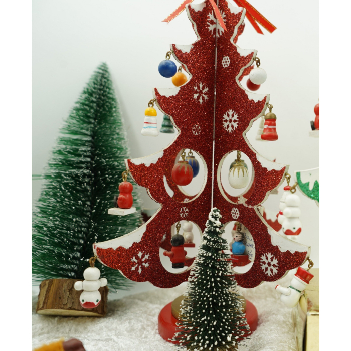 Decoratiune Craciun, Brad, Rosu/Alb, 8 cavitati cu ornamente, 18.5 cm x 33 cm, Lemn, Flippy [4]