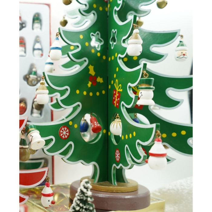 Decoratiune Craciun, Brad, Verde/Alb, 15 cavitati cu ornamente, 25.5 cm x 33 cm, Lemn, Flippy [8]