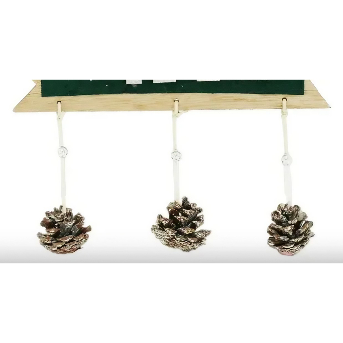 Decoratiune Craciun din Lemn, Flippy, Model Scris Xmas, Conuri Atarnate, cu Inimioara 25x9 cm, pentru Brad sau Usa, Verde/Argintiu [1]