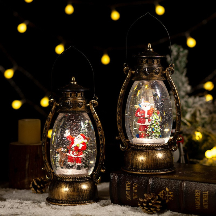 Decoratiune Craciun, Tip Felinar, Figurine Mos Craciun cu Bradul, 3 Moduri, Functie Muzicala, Zapada in Miscare, Functioneaza Cu Baterii ( 3 x AA neincluse), Cablu USB (Inclus), Model Vintage Negru -  [5]