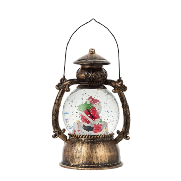 Decoratiune Craciun, Tip Felinar, Figurine Mos Craciun pe Cos, 3 Moduri, Functie Muzicala, Zapada in Miscare, Functioneaza Cu Baterii ( 3 x AA neincluse), Cablu USB (Inclus), Model Vintage Negru - Aur [3]