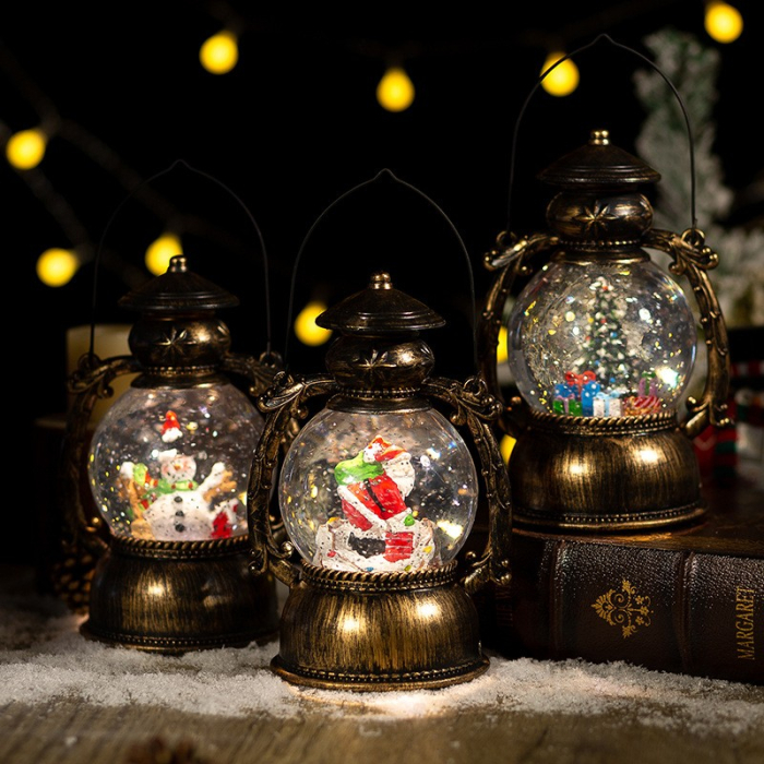 Decoratiune Craciun, Tip Felinar, Figurine Mos Craciun pe Cos, 3 Moduri, Functie Muzicala, Zapada in Miscare, Functioneaza Cu Baterii ( 3 x AA neincluse), Cablu USB (Inclus), Model Vintage Negru - Aur [2]