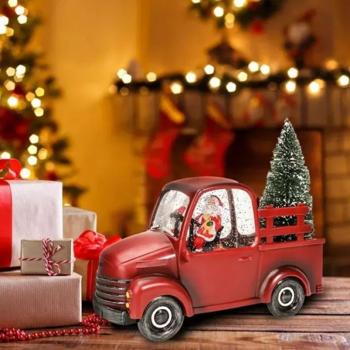Decoratiune Craciun, Tip Masina, Figurine Mos Craciun cu Bradul, 3 Moduri, Functie Muzicala, Zapada in Miscare, Functioneaza Cu Baterii ( 3 x AA neincluse), Cablu USB (Inclus), Model Rosu, 24 x 10 x 1 [5]