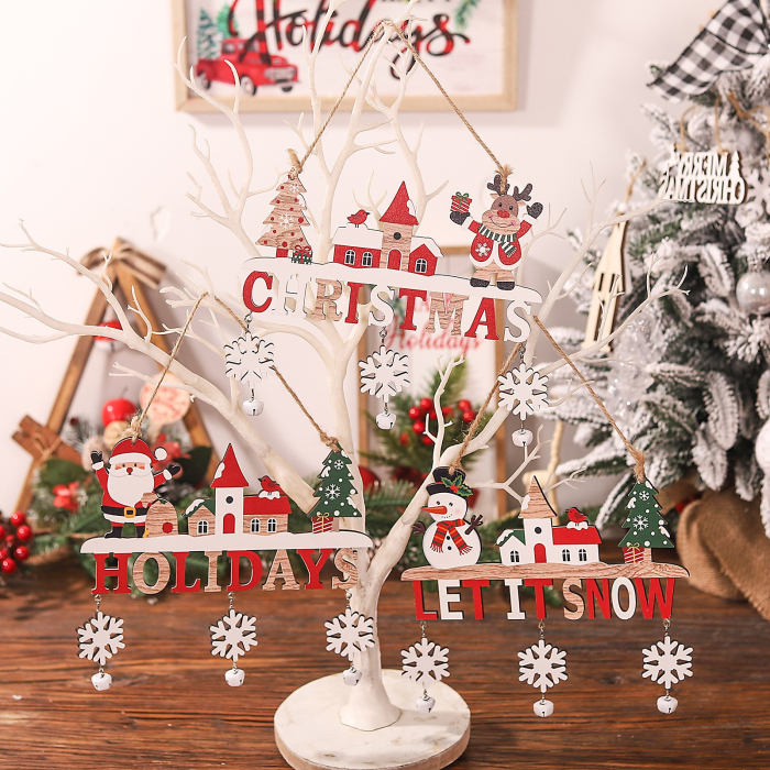 Decoratiune de Craciun din Lemn, Flippy, cu Snur pentru Agatare in Brad, Model Mos Craciun, Scris Let It Snow, 21.9x19 cm, Multicolor [6]
