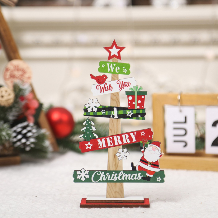 Decoratiune de Craciun din Lemn, Flippy, pentru Masa, Scris We Wish You A Merry Christmas, Model Bradut, 21.5x12.2x4 cm, Multicolor [4]