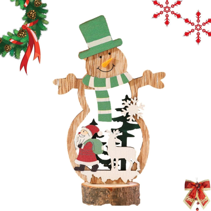 Decoratiune de Craciun, Flippy, din Lemn, 10.5 x 18 cm, Model Om de Zapada cu Caciula Verde, Multicolor [2]