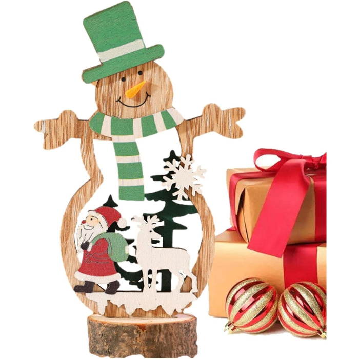 Decoratiune de Craciun, Flippy, din Lemn, 10.5 x 18 cm, Model Om de Zapada cu Caciula Verde, Multicolor [1]