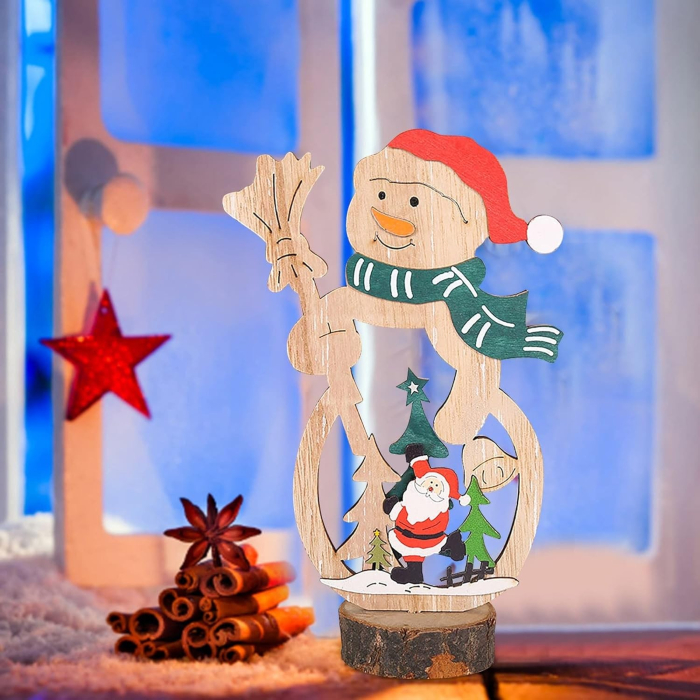 Decoratiune de Craciun, Flippy, din Lemn, 11 x 20 cm, Model Om de Zapada cu Caciula Rosie, Multicolor [1]